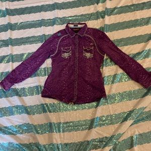 Roar stretch button up large purple leopard